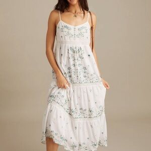 Lucky Brand White Midi Dress with Blue Floral Embroidery